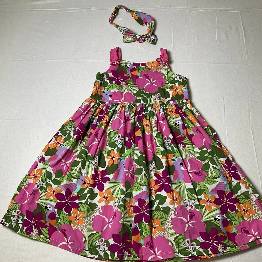 GYMBOREE Girl's Floral Hawaiian Reef Summer Dress Size 7 w/Head Band 532